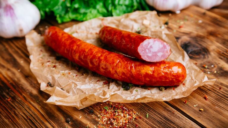 Tradycyjna kiełbasa parzona. Parzenie to kluczowy etap przygotowania kiełbasy wędzonej, który pozwala na jej dogotowanie i uzyskanie odpowiedniej struktury